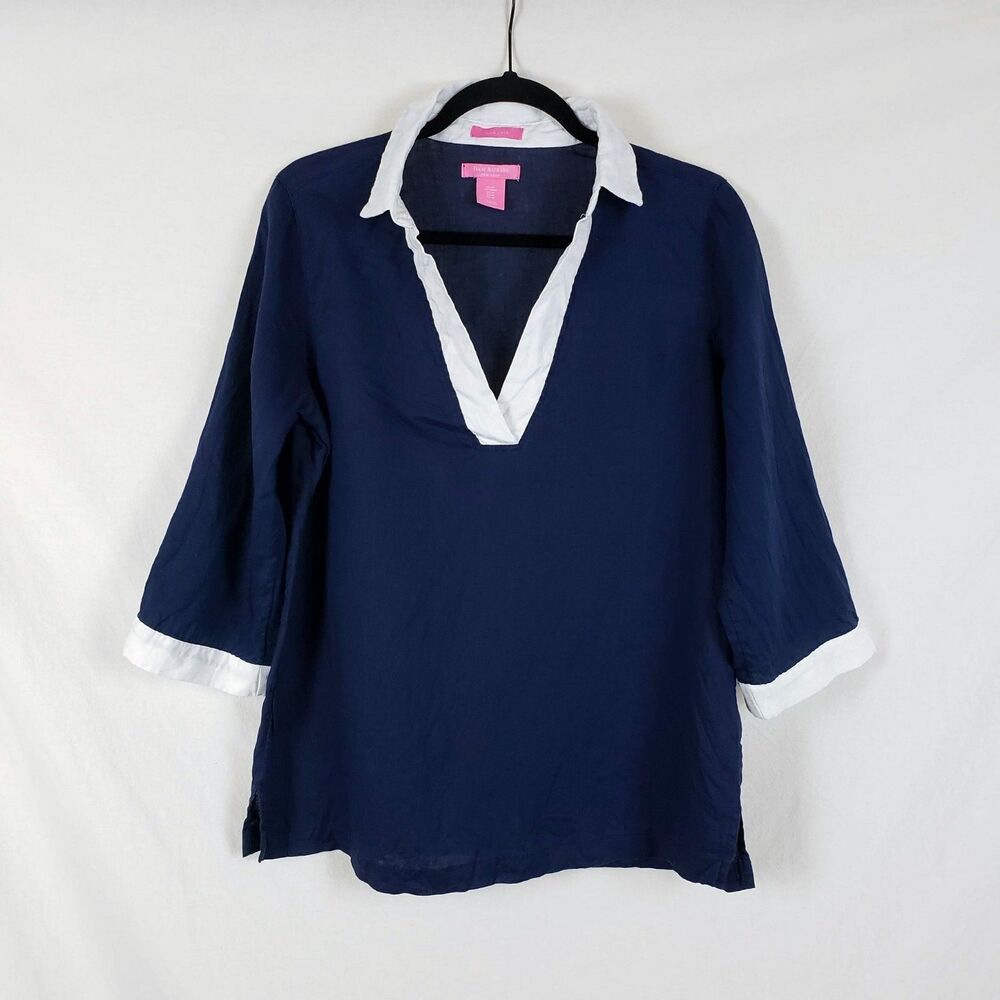 Isaac Mizrahi New York Collared Linen Top Womens M Navy Blue Preppy Resort